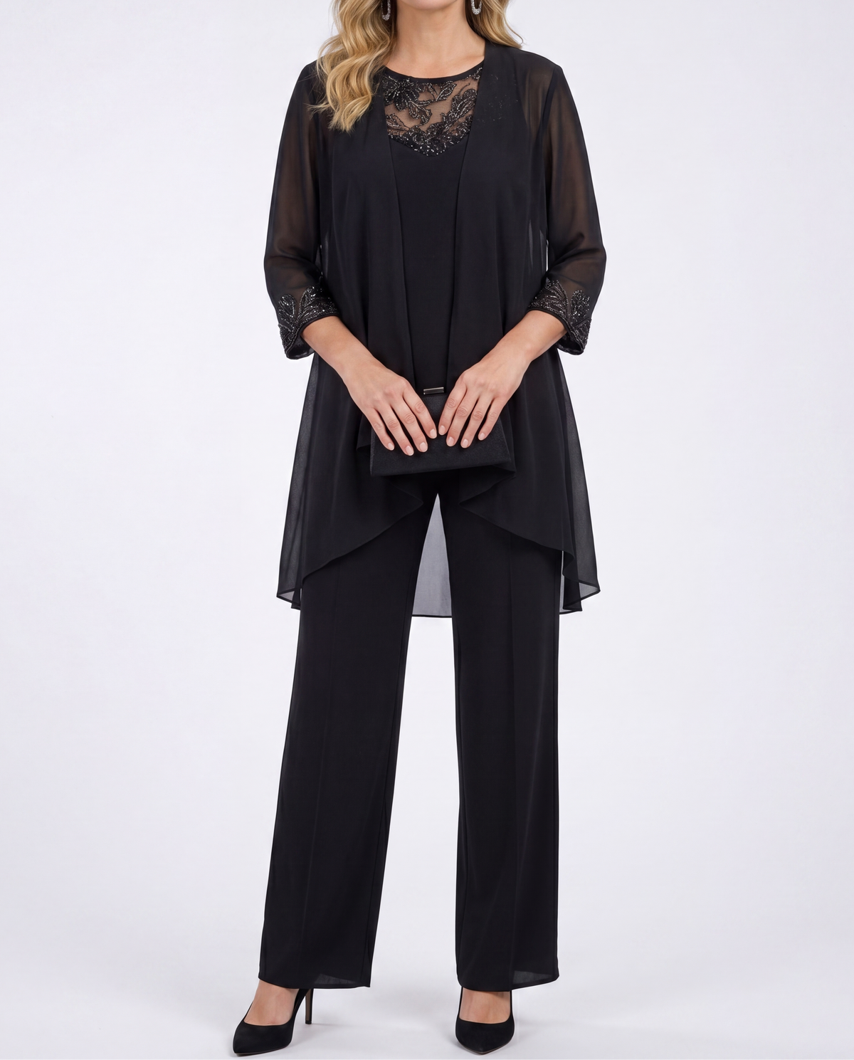 Kinga – Elegáns chiffon kabát és széles szárú nadrág szett