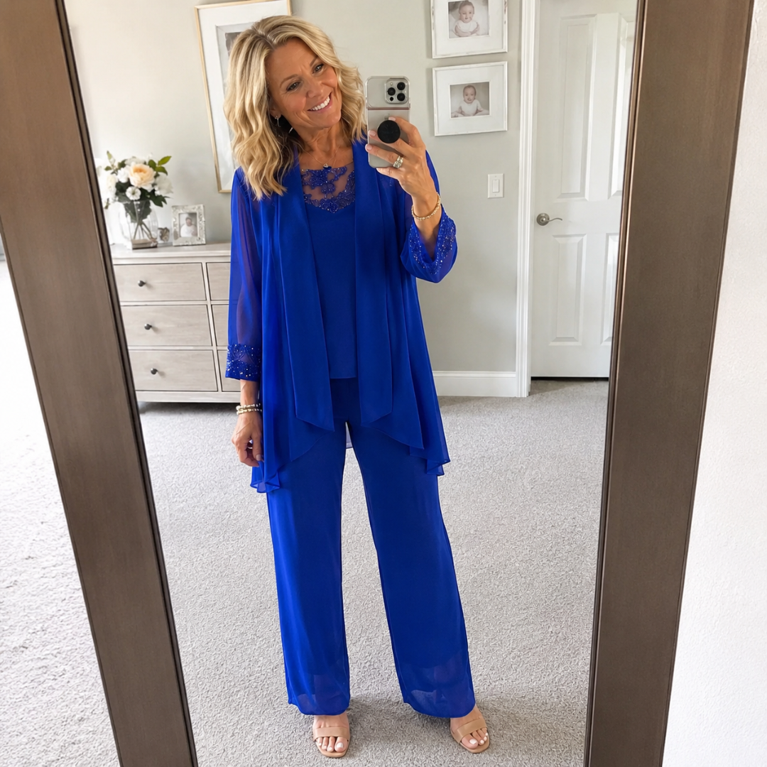 Kinga – Elegáns chiffon kabát és széles szárú nadrág szett
