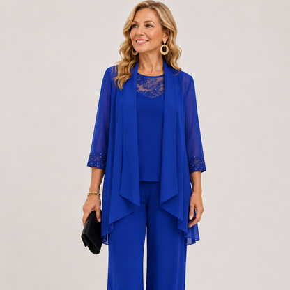 Kinga – Elegáns chiffon kabát és széles szárú nadrág szett