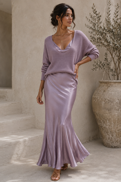 Lívia – Elegáns szatén ruha jersey anyaggal